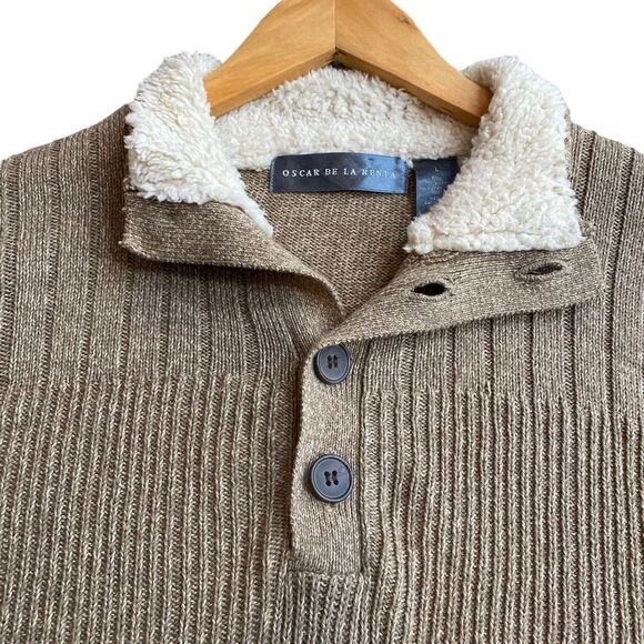 Vintage‎ Oscar De La Renta Men’s L Pullover Sweater Beige Tan Button Neck Cotton - Picture 4 of 8